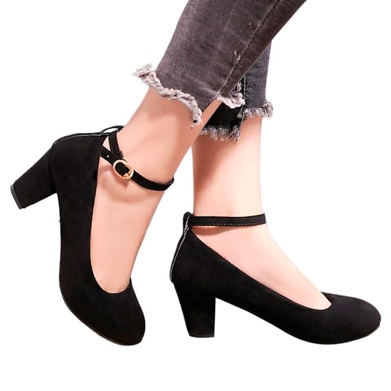 Mymyguoe Damen Pumps Mary Jane Halbschuhe High Heels 5cm mit Blockabsatz Riemchensandale Runder Kopf Flacher Mund Dicke Ferse