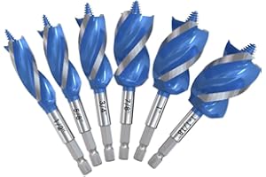 JINSHIBA 6PCS Auger Drill Bit Set for Wood - Sizes 1/2", 5/8", 3/4", 7/8", 1" & 1-1/8" - Hex Shank Quick Change Auger Bits for Hardwood, Softwood, Plastic - Impact Ready