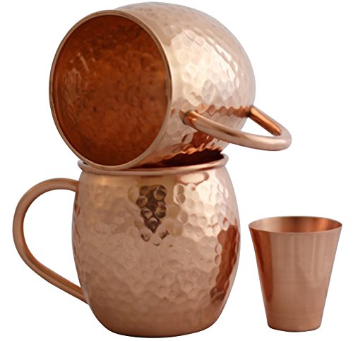 Set of 2 Moscow Mule Copper Mugs with Shot Glass - Two 16 Oz Copper Moscow Mule Mugs - Solid Copper Hammered Mug - Copper Cups for Moscow Mules