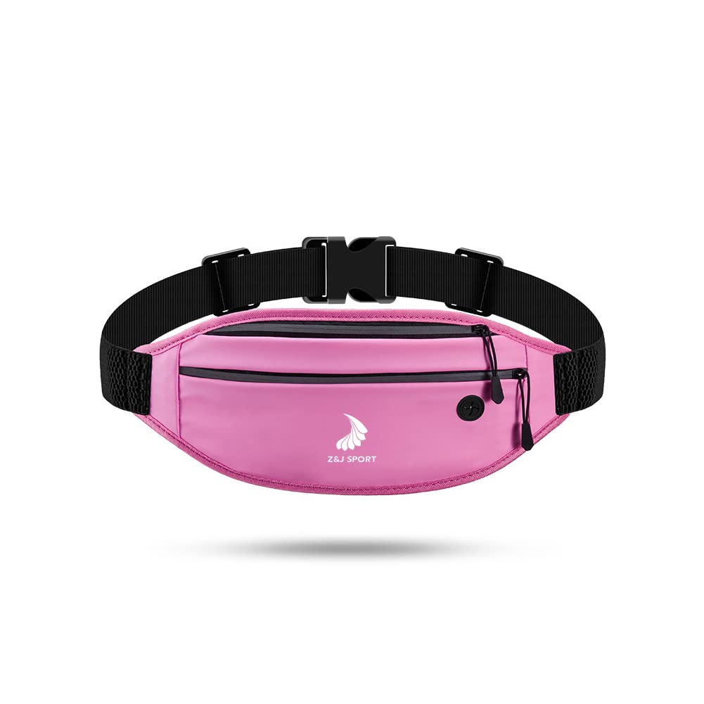 Z&J SPORT Running Belt with Adjustable Elastic Waist Strap, Waterproof Bumbags Double Pocket Reflective Strap and Logo for Sailing, Cycling, Surfing, Hiking (Pink)