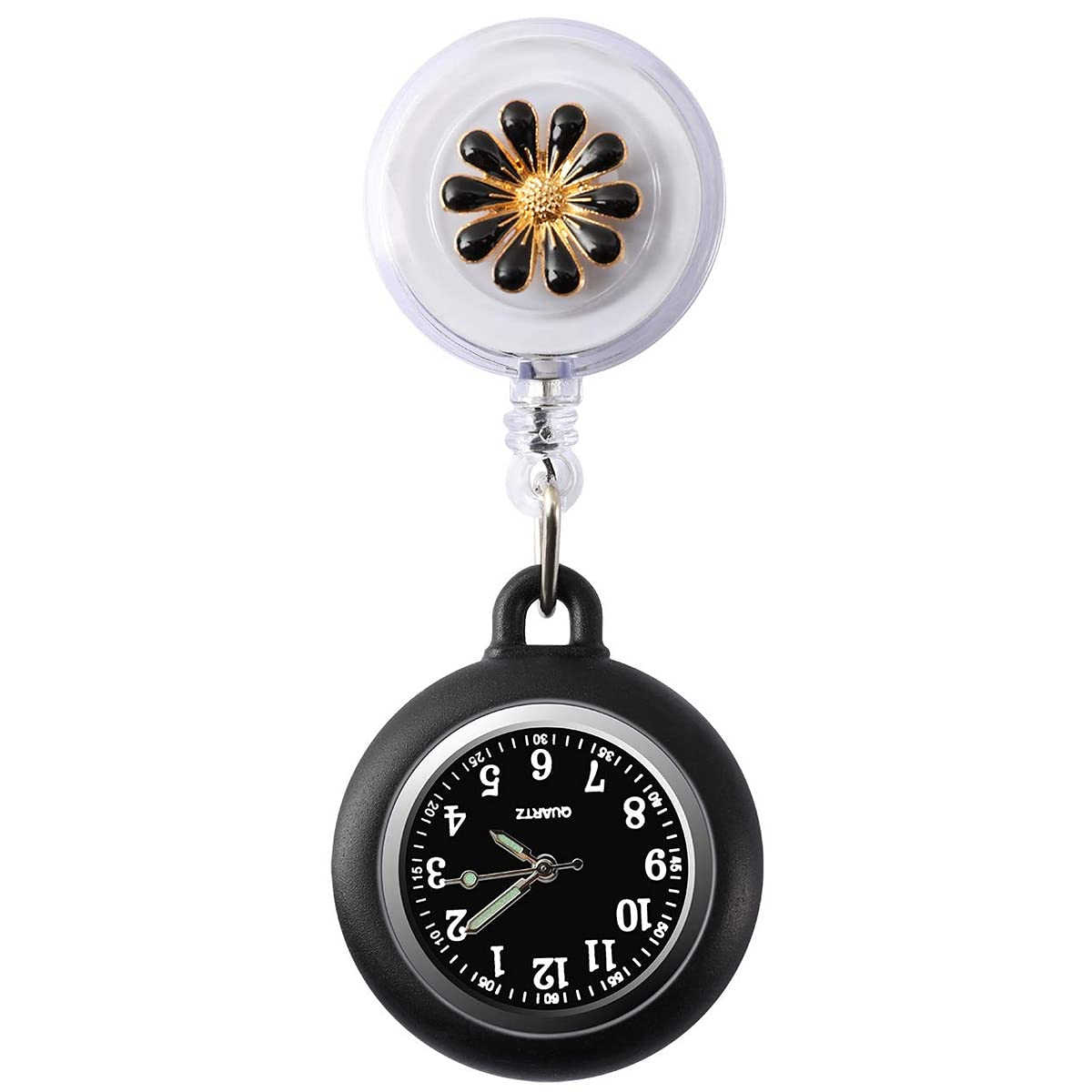 WONOLO Retractable Nurse Fob Watch, Luminous Clip-on Hanging Lapel Pocket Watches with Cute Flower Pattern, Pointer Glow in Dark for Nurses Doctors Paramedics (Black)