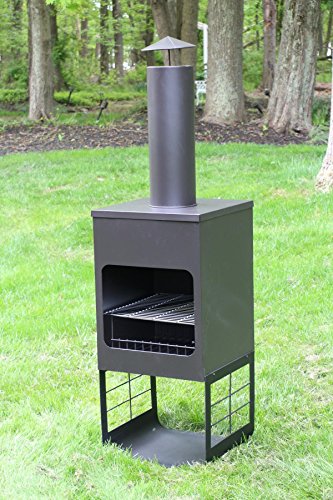 Oliver and Smith - Large Iron Outdoor Round Patio Chiminea Fireplace Rear Fire Shield - 18" x 18" x 46" Tall - with Stainless Steel Grill - Chiminea Weather Cover - 4 Skewers