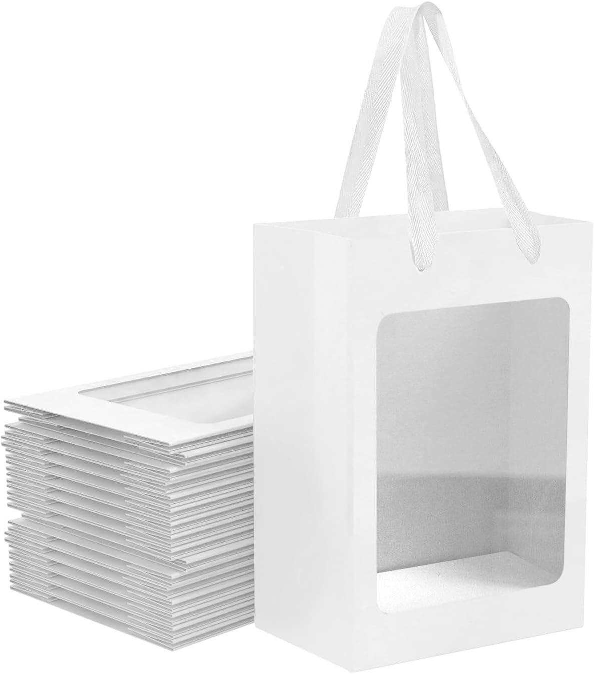 Photo 1 of 12 Pcs White Kraft Paper Gift Bags with Transparent Window, 9.84"x7.0"x5.12" Kraft Shopping Bags with Handles for Bouquet Christmas Birthdays Festivals Party Weddings Wrapping