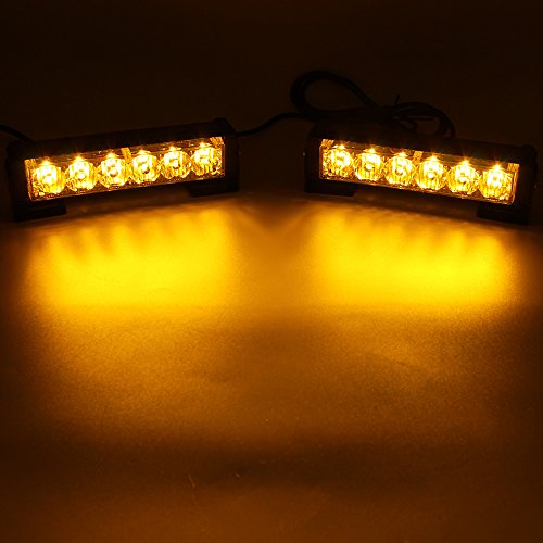 FOXCID 2 X 6 LED 9 Modes Traffic Advisor Emergency Warning Vehicle Strobe Lights for Interior Roof/Dash/Windshield/Grille/Deck Universal Waterproof (Amber/Yellow)