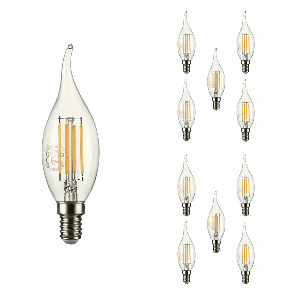 TEKLED® C35 Tail Filament Vintage LED Bulbs | Flame Tip E14 Small Edison Screw | Energy Saving 4W Light Bulb 40W Equivalent | NONDIMMABLE Clear 2700K 470LM | 10-Pack | Warm White