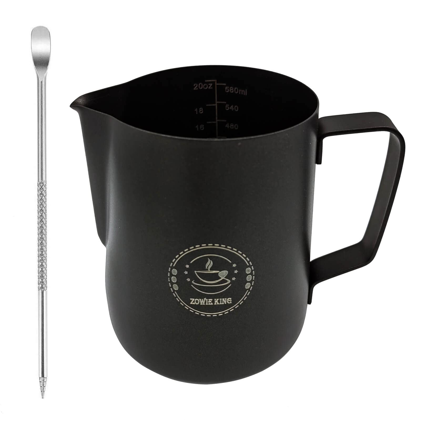 Milk Frothing Pitcher 20oz,Espresso Steaming Pitcher 20oz,Espresso Machine Accessories,Milk Frother Cup 20oz,Milk Coffee Cappuccino Latte Art,Black Stainless Steel Jug