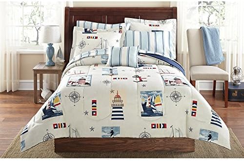 OSD 8pc Coastal Lighthouse Beach Themed Comforter Queen Set, Nautical Vintage Harbor, Seaside Inspired, Stripe Patterned Bedding, Vibrant Color Blue Red, Features Nautical Flags, Star