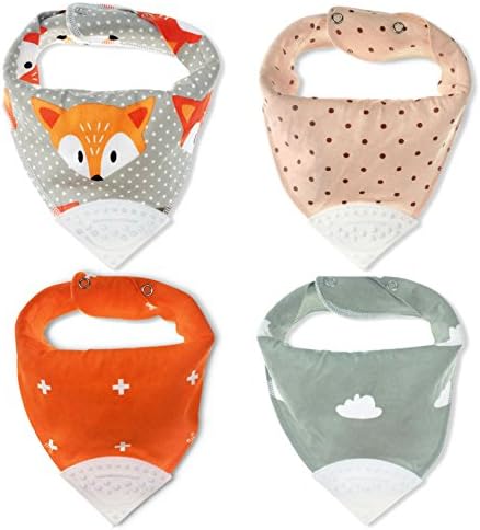 Honey Molly Baby Bandana Bibs for Teething and Drooling - 4 Pack Soft Drool Bibs for Boys and Girls - BPA-FREE Food Grade Silicone Teether, Adjustable Nickel-Free Snaps - 100% Organic Cotton