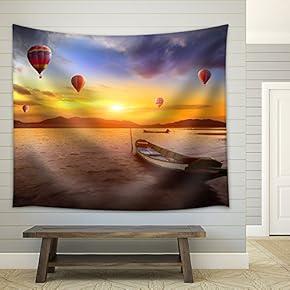 Hot Air Balloon Over Sunset Sea - Fabric Wall Tapestry Home Decor - 51x60 inches
