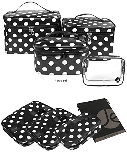 JE (Black/White Polka Dot) Makeup Brush Cosmetic Travel Organizer Bag W/ Clear PVC Bag (4 PCS SET: XSM, SM, MED, LG)