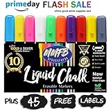 Erasable Liquid Chalk Markers 10 Pack w/ 45 Chalkboard Labels, Not Toxic Wet Erase Window Glass Neon Pens, Metallic Gold & Silver, Reversible Bullet Chisel Tip w/Splinter Free Cap (Bold 5MM)