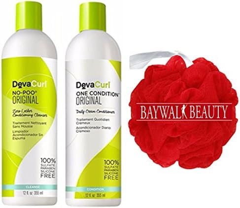 Devacurl Original No Poo 12 oz and One Condition 12 oz With FREE Shower Pouf (Colors May Vary)