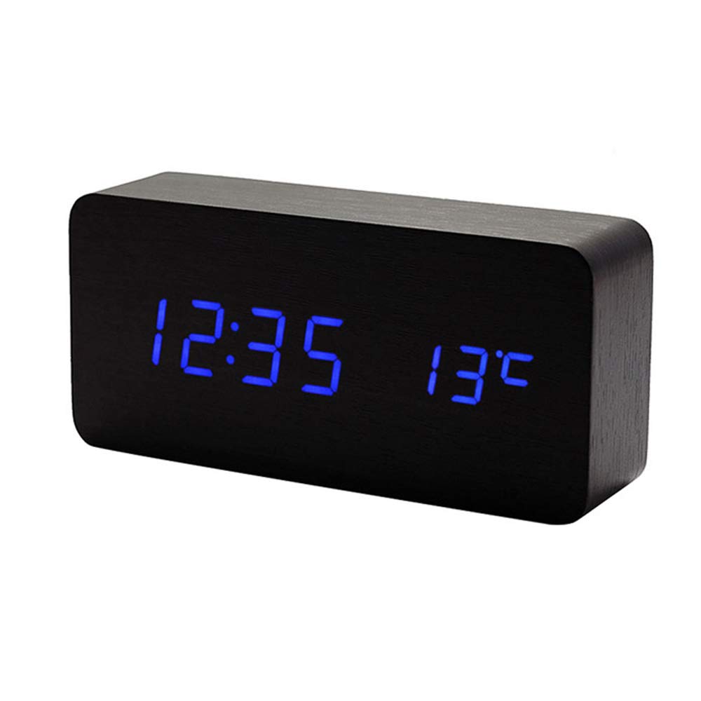 Lancoon Wooden Digital Clock Multi-function LED Alarm Clock with Time/Date/Temperature Display and Voice Control for Home Office Travel AC11Black_Blue