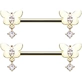 Pierced Owl 14GA Stainless Steel Butterflies with Dangling Gems Nipple Barbells, Sold as a Pair