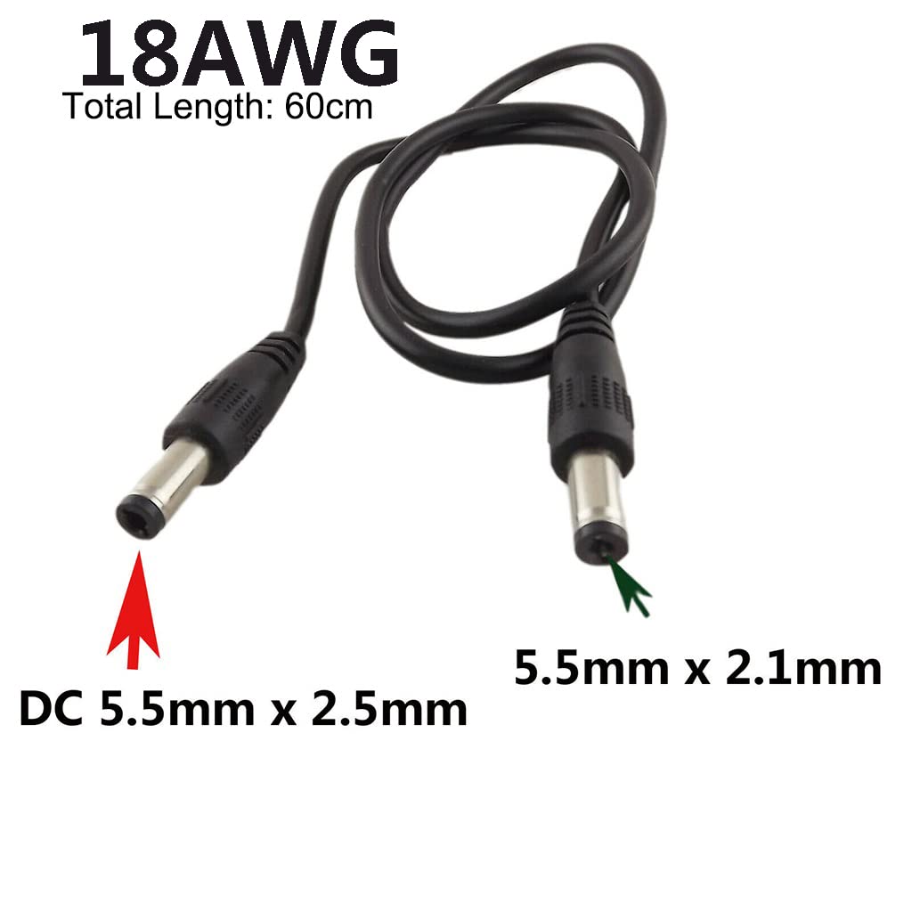 UpperFu 2pcs DC Power Plug 5.5mm x 2.5mm Male Plug to 5.5mm x 2.1mm Male Adapter Connector Cable Cord 60cm 18AWG for LED Strip, Surveillance Camera,CCTV Security Camera,LED Display,IP DVR,Router