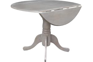 IC International Concepts, 42" Round Dual Drop Leaf Pedestal Dining Table, Solid Real Wood, Sturdy Parawood, Dimensions 42"D x 42"W x 29.5"H, 20mm thickness, 40lbs Weight Capacity, Washed Gray Taupe