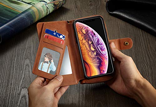 Urvoix iPhone Xs Max Case, 2 in 1 Premium Leather Wallet Multi-Functional Handbag Detachable Magnetic Cover with Clutch Strap Zipper Flip Card Holder for iPhone Xs Max(6.5-inch Screen), Brown