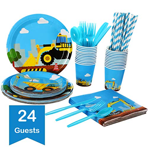 Construction Kids Birthday Party Supplies Set - Serves 24 Guests - Dump Truck Disposable Tableware Pack- Includes Paper Plates, Cups, Straws, Napkins, Knives, Spoons, Forks
