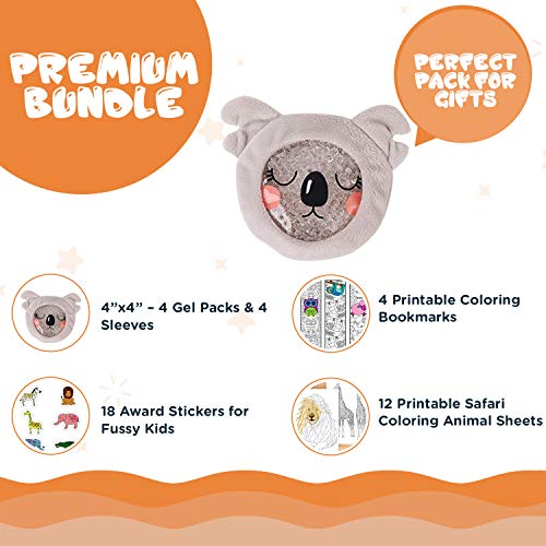 Kids Ice Packs for Boo boos - Hot Cold Kids Ice Pack - Perfect Boo Boo Buddy for Injuries, Pain Relief, Fever, Wisdom Teeth, Sinus, Headaches - Reusable Pack of 4 - Includes Stickers & Coloring Pages