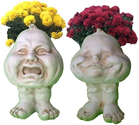 Homestyles 37398 Happy Baby and Crybaby 8" Face Planter Antique White Garden Statue