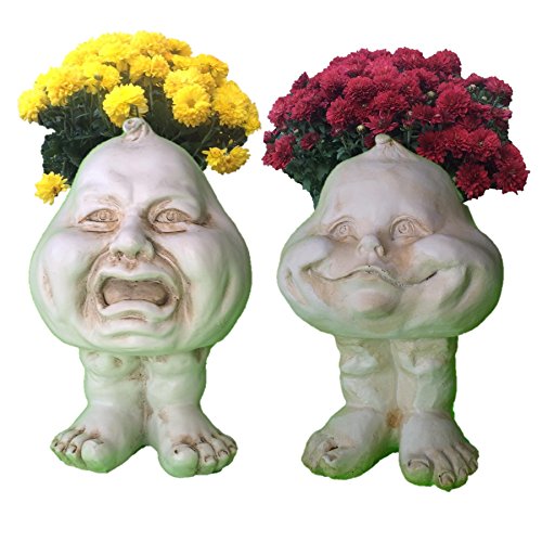 Homestyles 37398 Happy Baby and Crybaby 8" Face Planter Antique White Garden Statue
