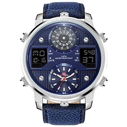 Men's Multifunctional Digital Analog Quartz Watch Business Waterproof Military Dual Time Leather Band Sport Wrist Watches for Men (Blue)