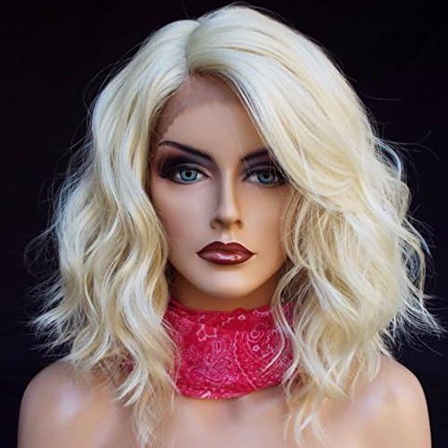 Kerrywigs Short Wavy Platinum Blonde Full Lace Human Hair Wigs Brazilian Hair 130 Density #60 Bob Glueless Lace Front Wigs Baby Hair For Women (14inch, Full Lace Wig)