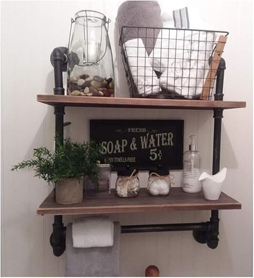 Amazon Com Industrial Pipe Bathroom Shelves Decor Wall Mounted 2 Tiered Rustic Wood Wall Shelf With Towel Bar Black Matte Towel Rack Pipe Floating Shelves Shelving Towel Holder Kitchen Dining