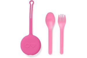 Omie OmieBox Kids Utensils Set with Case - 2 Piece Plastic, Reusable Fork and Spoon Silverware with Pod for Kids (Bubble Pink)