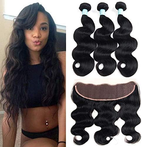 Siji Mei Brazilian Body Wave Bundles With Frontal 100% Unprocessed Virgin Human Hair 3 Bundles With Closure Natural Black Color Weave And 4x4 Inch Lace Frontal (16 18 20+16 Frontal)