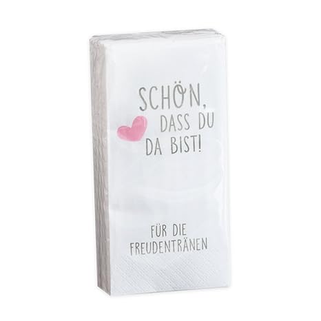 in due 10 x 10 Taschentücher 'Schön, DASS du da bist - Für die Freudentränen' GRAU-ROSA zur Hochzeit, Taufe oder Kommunion