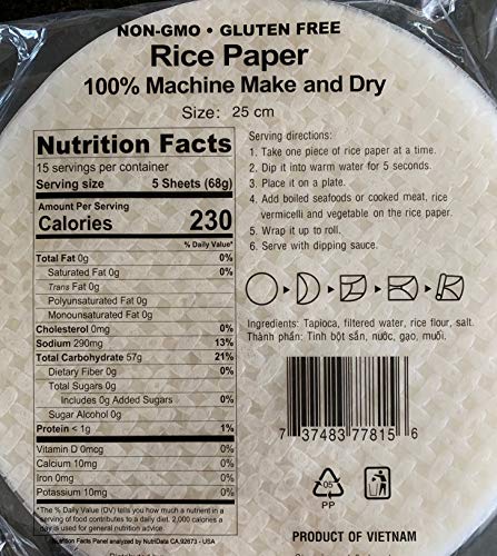 Three Ladies Bahn Trang Spring Roll Rice Paper Wrappers Non-GMO Gluten Free (Round 25cm, 35.2oz / 1kg) 1 Pack with 75 sheets