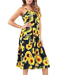 Bzonly - Vestido de verano para mujer, diseño floral, con correa de espagueti, con botones y bolsillos