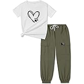 ARTMINE Girls' 2 Piece Outfits Casual Drawstring Jogger Pants and Basic Short Sleeve Top Set, 6-14 Years