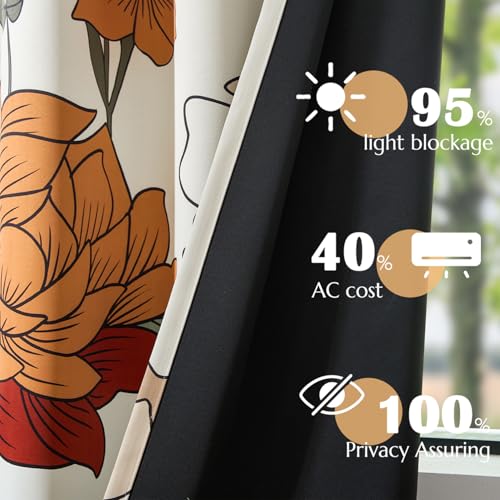 JINCHAN Lora Vintage Floral Blackout Curtains for Bedroom Mid Century Bohemian Room Darkening Drape Flower Patterned Curtains 84 Inches Long Grommet Window Drapes Set 2 Panels Beige