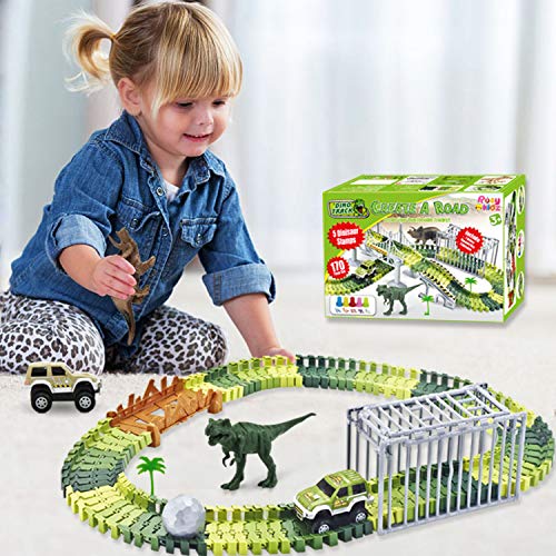 image for ROSYKIDZ Dinosaur Toys Building Tracks, [175 Pcs Toy Set] Slot Car Rac