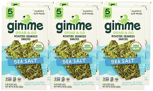 GIMME GRAB & GO ROASTED SEAWEED SNACKS, SEA SALT, PORTABLE SLIM PACKS, VEGAN, USDA CERTIFIED ORGANIC, GLUTEN FREE & NON-GMO, 5 VALUE PACK, 0.7 OUNCE (PACK OF 6)