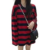Chvity Womens Harajuku Long Sleeve Oversized T Shirts for Women Casual Crewneck Color Block Stripe Tops