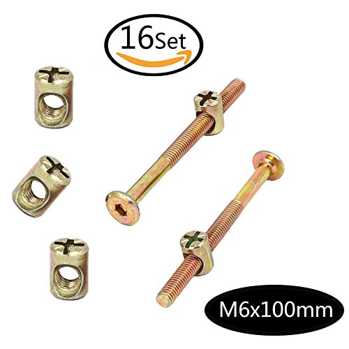 SpeedDa M6x100mm Thread Hex Key Drive Socket Furniture Bolt w Barrel Nut Bolt Nuts Assortment Kit for Furniture Cots Beds Crib and Chairs(Pack of 16)