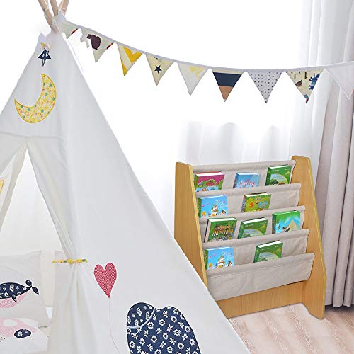 Children Bookshelf, Book Rack Storage Wooden 4 Layer Fabric Sling Bookshelf Toy Display for Kids (Yellow)