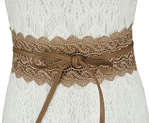 Lovful Women's PU Lace Belt Self Tie Obi Waist Band Cinch Wide Boho Belt,Khaki - Thumbnail 2