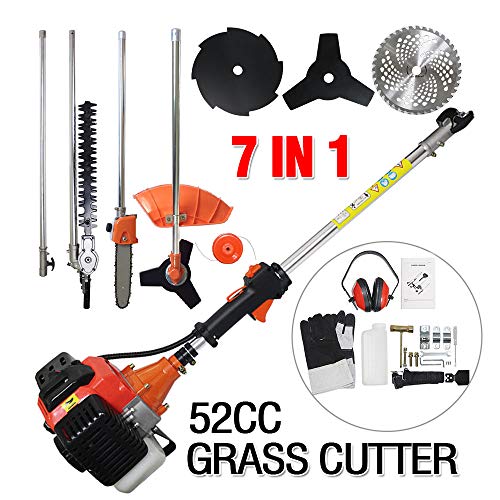 PROMOTOR 7 in 1 Multi Tool Grass Trimmer, 52CC 2 Strokes Gasoline Handheld Grass Shears Hedge Trimmer Attachment Edger Attachment Brush Cutter Blade