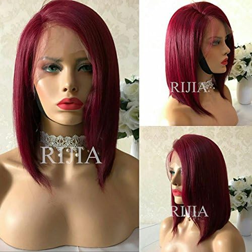 RIJIA Human Hair Full Lace Wig Glueless99J Burgundy Red Short Straight Bob Cut Hair Lace Front Wigs for Black Women with Baby Hair Natural Hairline (12inch full lace cap)