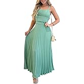 CHCIME Maxi Dress for Women French Style Square Neck Adjustable Straps Backless Pleated Wedding Guest Vacation Dress