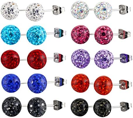 Kaiyu 10 Pair Stainless Steel Shamballa Crystal Disco Ball Pave Bead Stud Earring Hypoallergenic