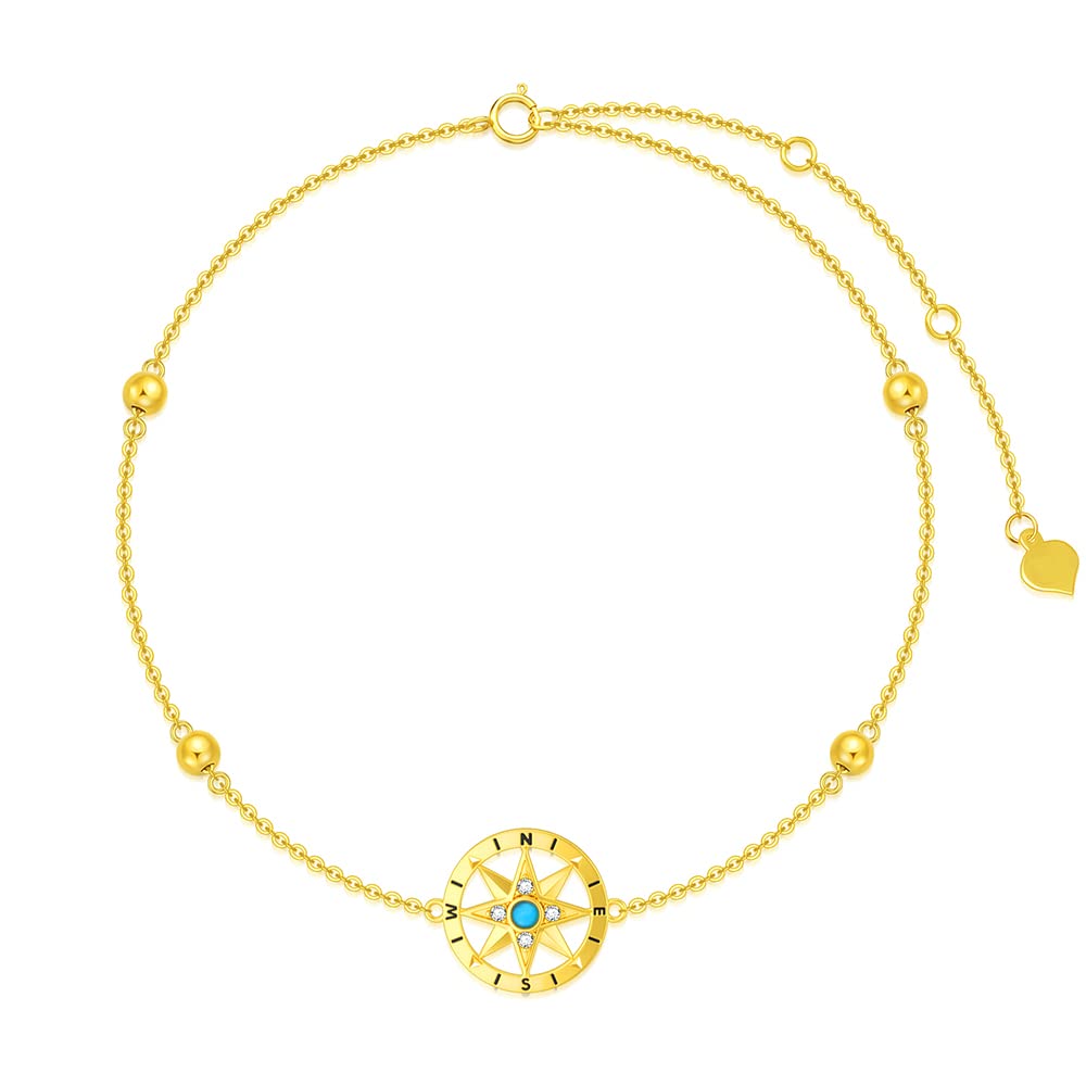 SISGEM 9 ct Gold Compass Anklet, Solid Yellow Gold Bead Anklet with Turquoise, for Women Girls Ladies Mum Sisters, 8"+0.7"+0.7"+0.7"