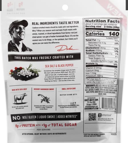 DUKE’S BEEF ORIGINAL SMOKED SHORTY SAUSAGES, 7G PROTEIN PER SERVING, GREAT FOR CHARCUTERIE BOARDS, 4 OZ.