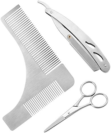 Beard Shaping Tool,3 in 1 Stainless Steel Beard Grooming Kit Including Beard Styling Comb Template, Professional Razor, Scissors