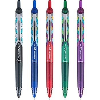 PILOT Precise V5 RT Deco Collection Refillable & Retractable Liquid Ink Rolling Ball Pens, Extra Fine Point, Black/Blue/Red/Green/Purple Inks, 5-Pack (41980)