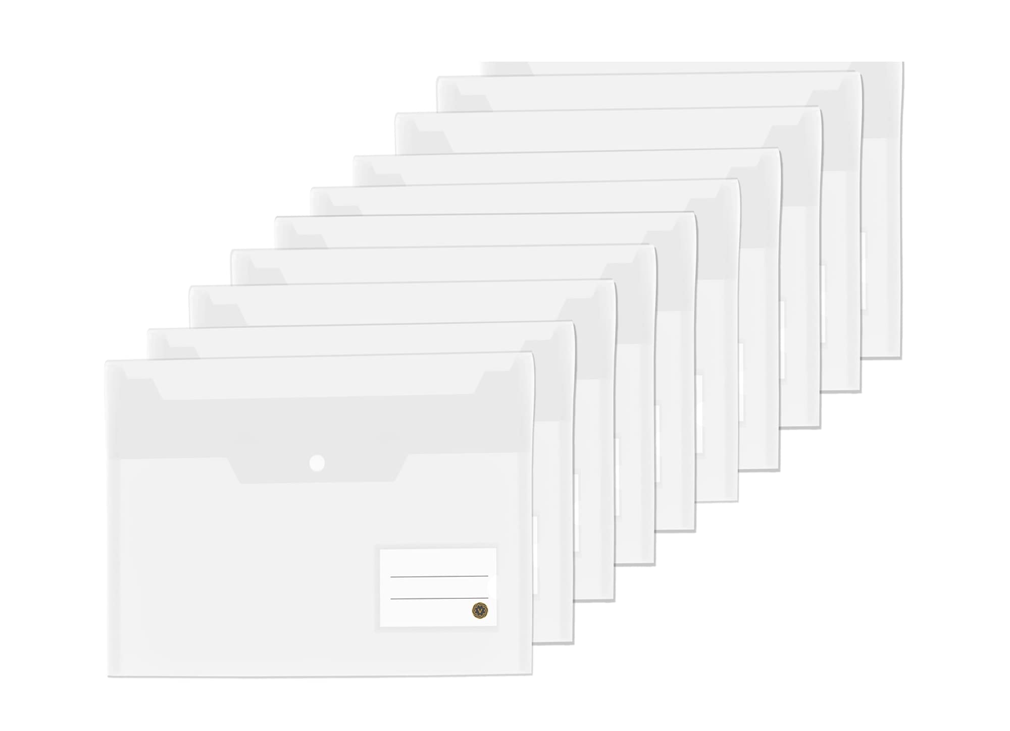 Vabe UK 10 Plastic Wallets – A4 Plastic folders with Label Pocket – Storing and Securing Student Paperwork Or Important Document for Home, School or Office Use. (10, Clear)